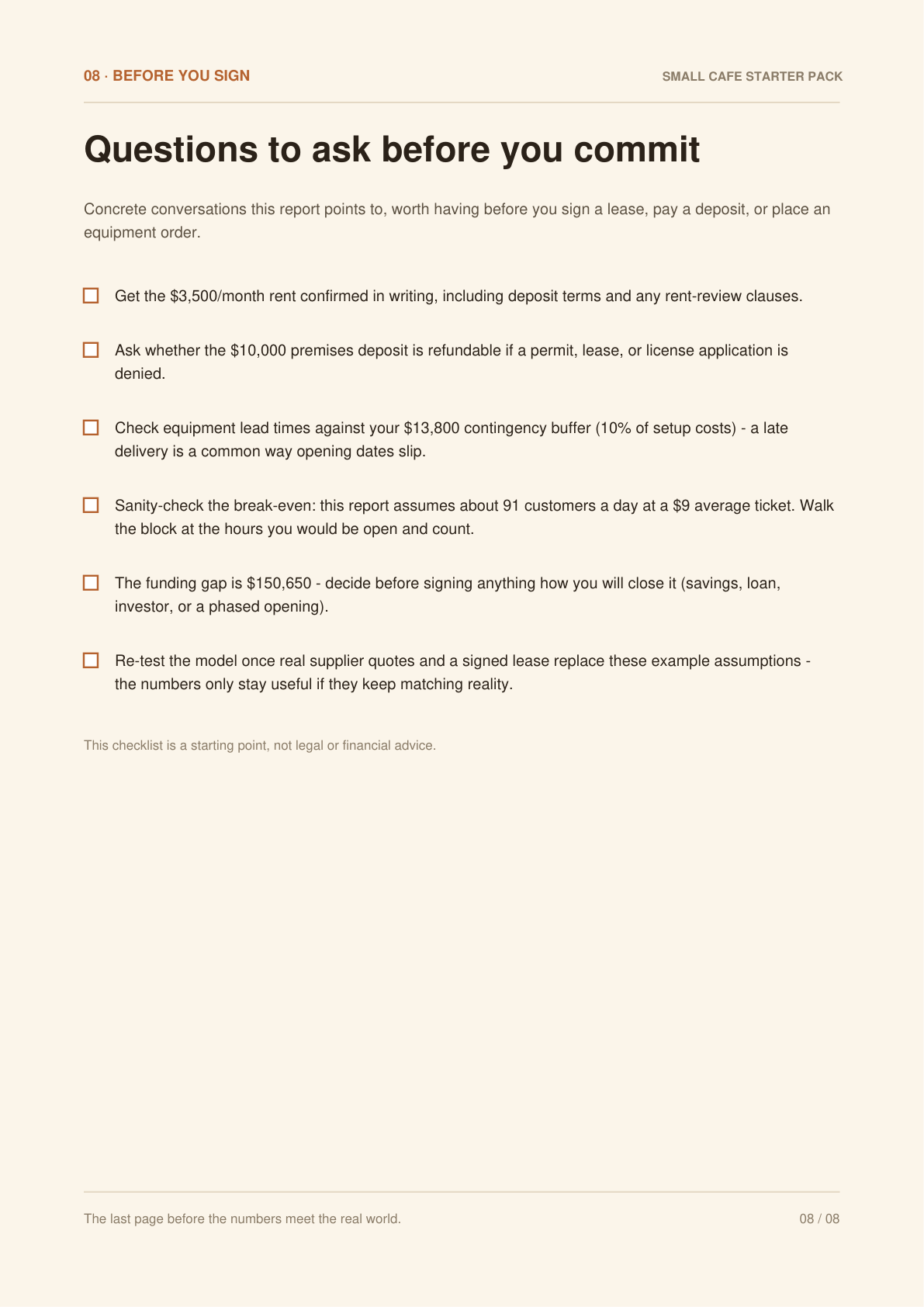 Before you sign checklist from the sample café financial report