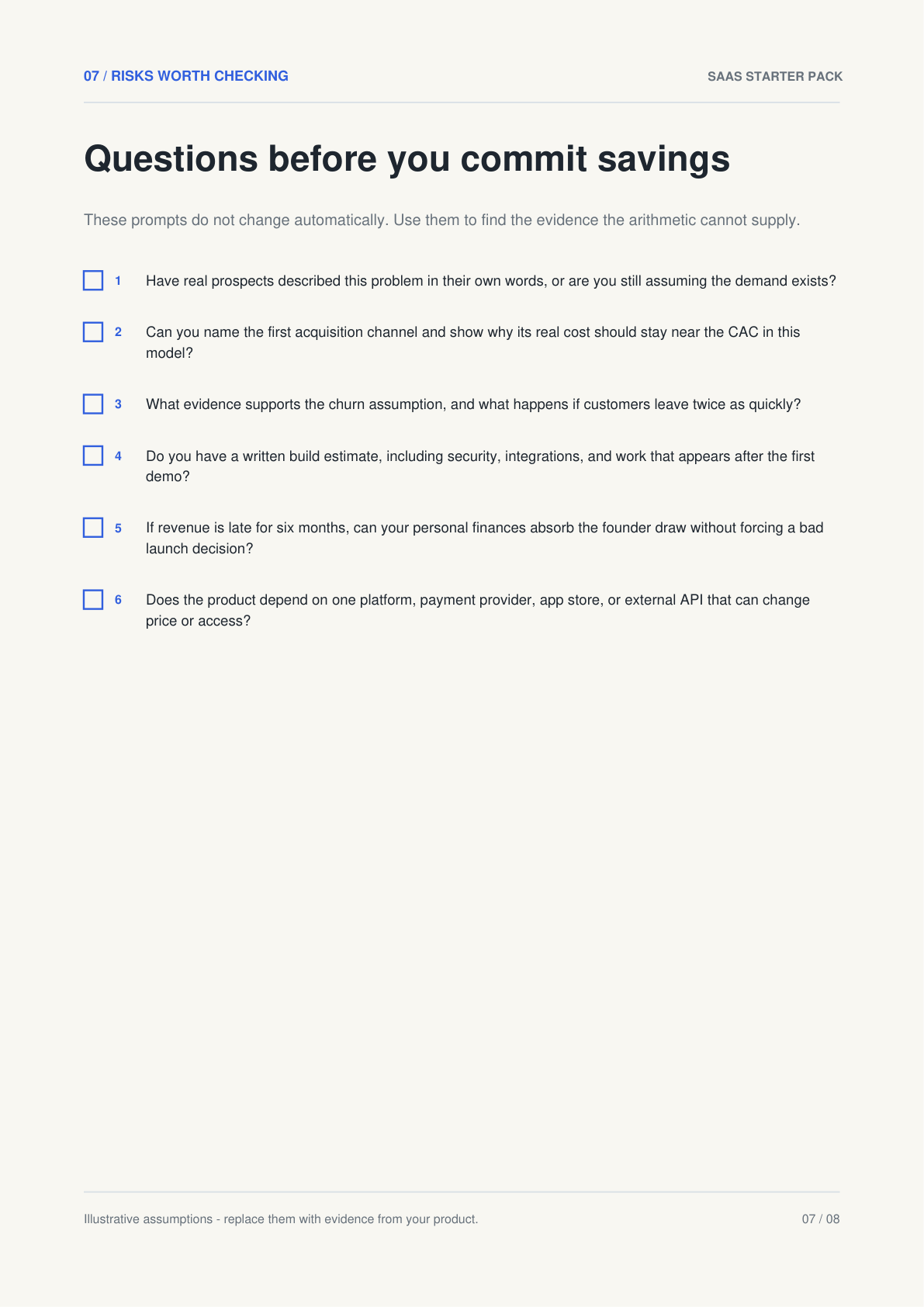 Risks worth checking page from the sample SaaS runway report